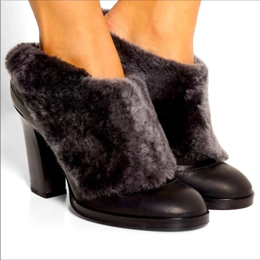 rag & bone Black Leather Mules with Gray Fur Cuff